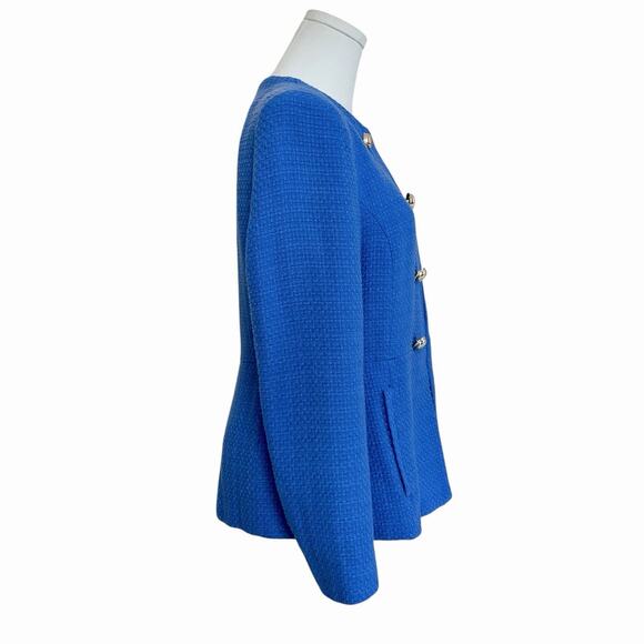 Zara Textured Blue Blazer Jacket Gold Buttons Hook Eye Closure Cotton Medium - Picture 8 of 16